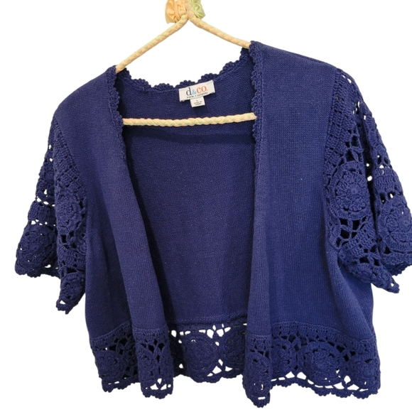Denim & Co Lacy Trimmed Knit Shrug Sweater In Royal Blue L - Picture 2 of 9